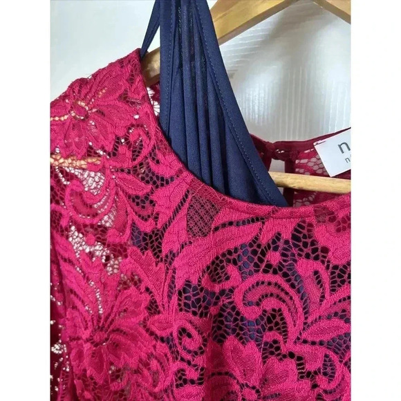 Nikki Poulos Magenta Pink Floral Lace & Blue Lining Size M Stretch Midi Dress - Picture 15 of 16